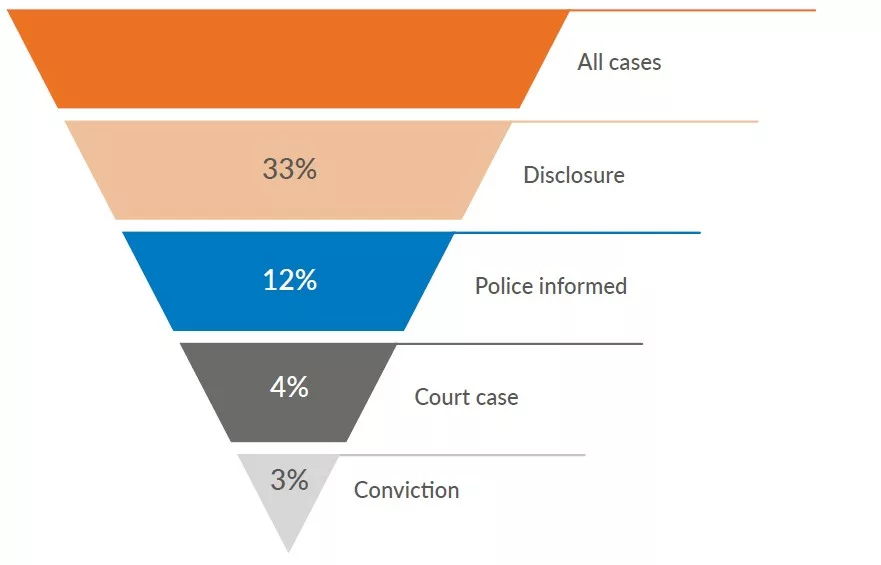 Outcomes of cases:33% disclosure12% police informed4% court case3% conviction